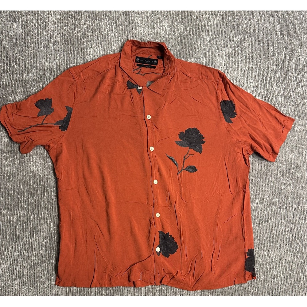 AllSaints Sepal Shirt Mens XL Rust Black Floral Rose Relaxed Fit Button Up
